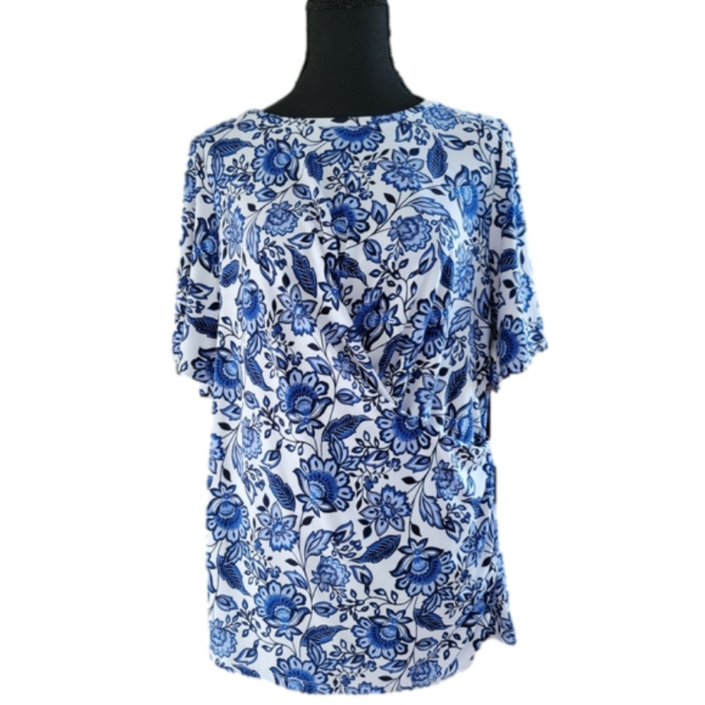 Chaus Flutter Sleeve Bright Azure Floral Blouse Size Large EUC